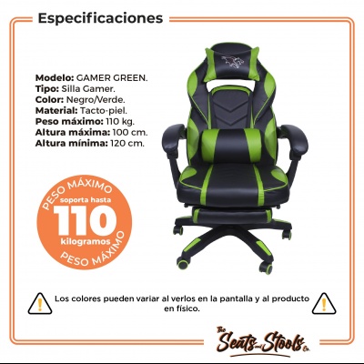 Silla Gamer Giratoria Reclinable Reposa Pies Verde